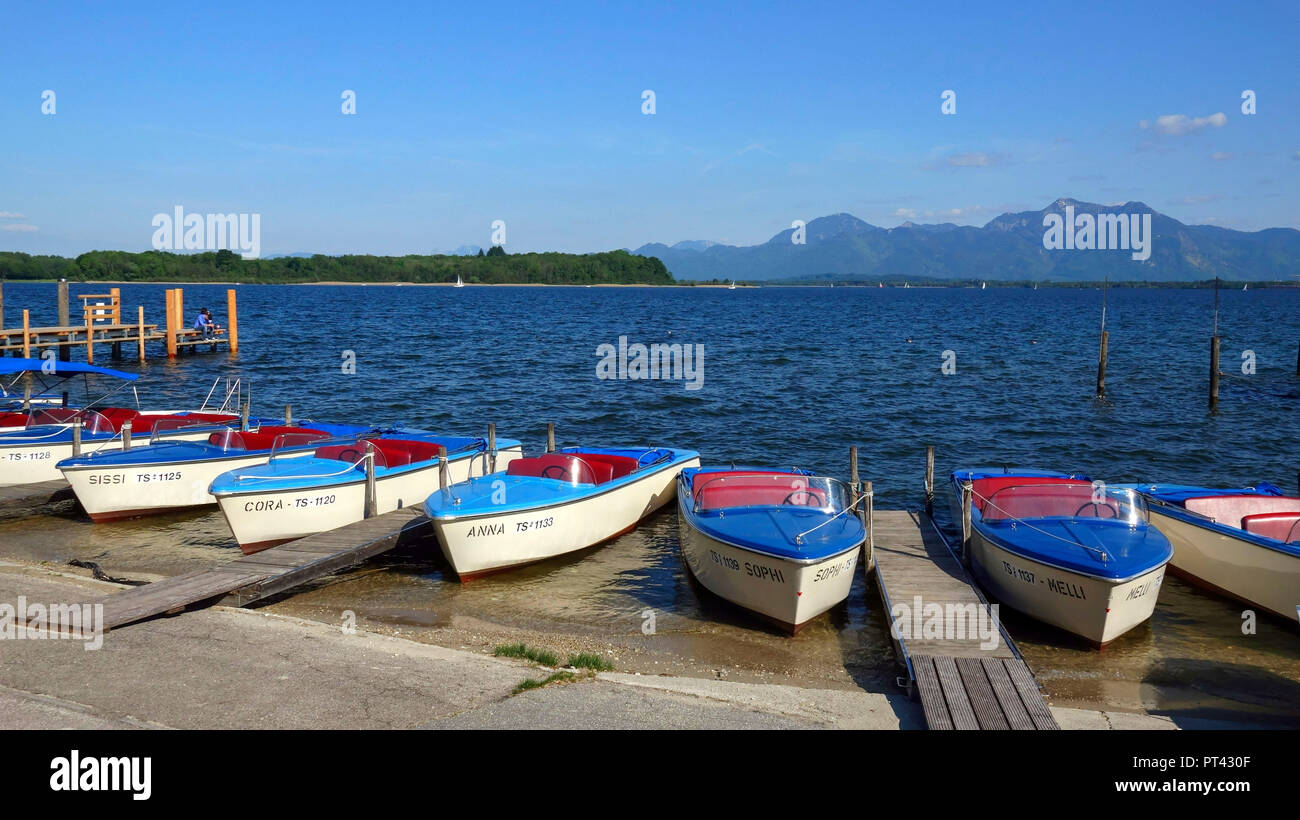 View of Chiemsee in front of the Alpin chain, near Prien, Chiemgau, Upper Bavaria, Bavaria, Germany, aerial view Stock Photo