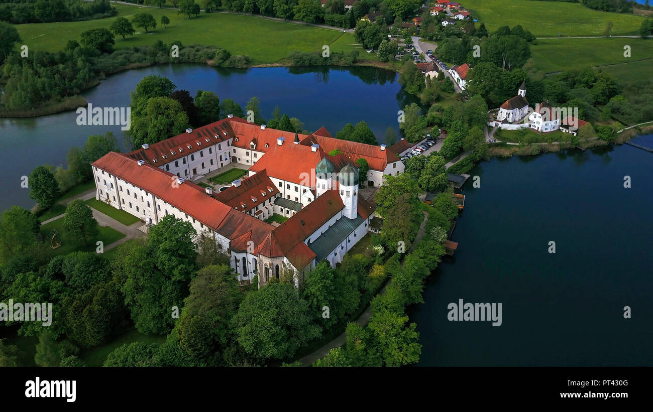 View of Cloister Seeon on Seeoner See, Seeon-Seebruck, near Traunstein, Chiemgau, Upper Bavaria, Bavaria, Germany, aerial view Stock Photo