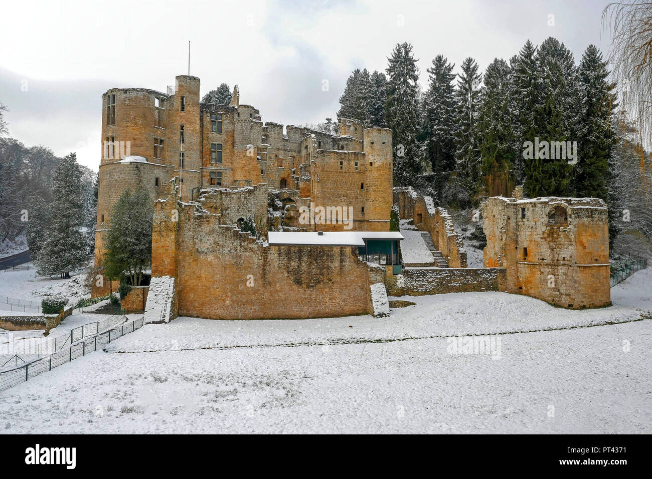 Beaufort Castle in winter, Befort, Canton Echternach, Luxembourg Stock Photo