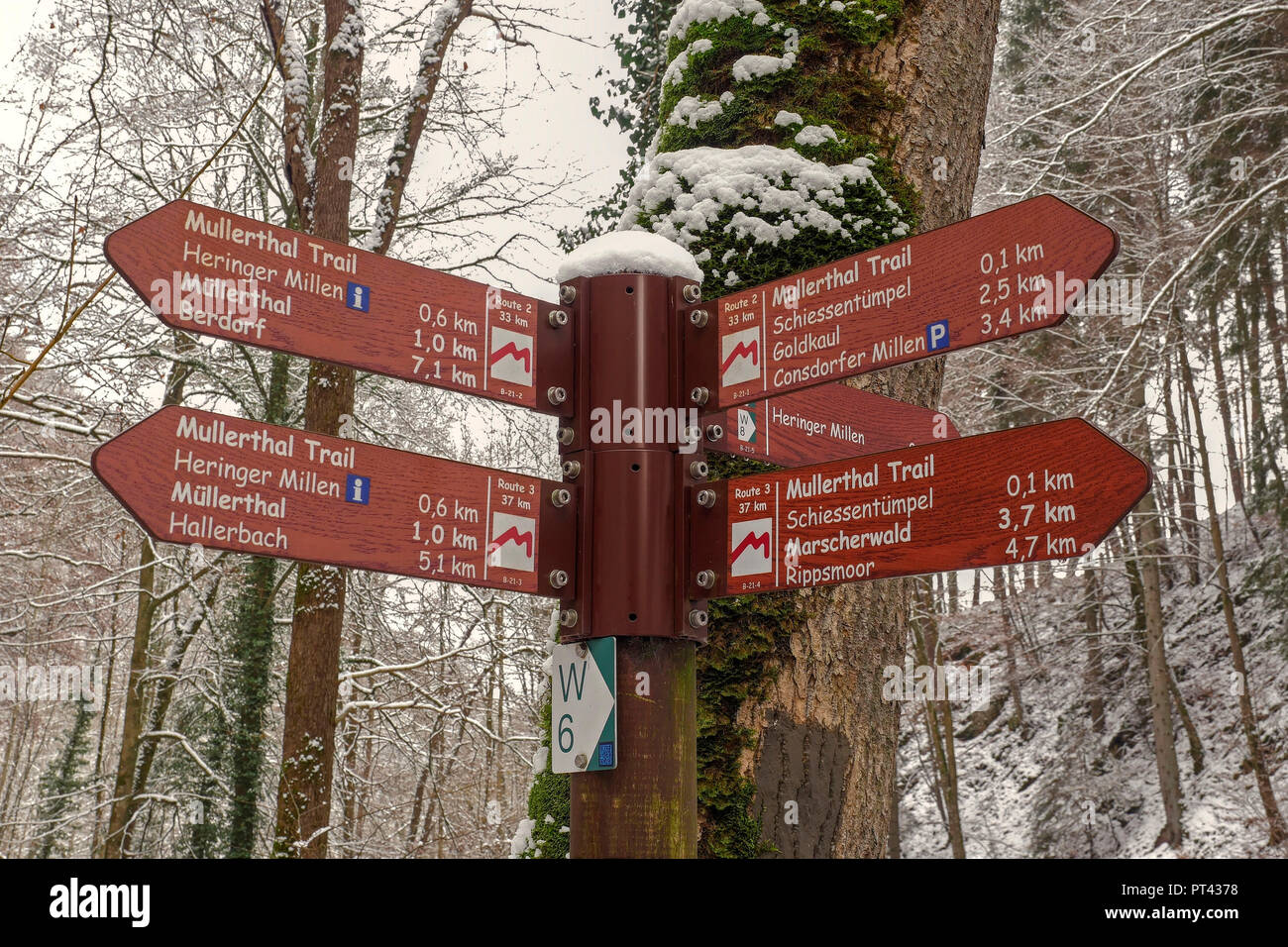 Hiking signs at the Schiessentümpel at the Schwarzen Ernz in the Müllerthal, Luxembourg Switzerland, canton Echternach, Luxembourg Stock Photo