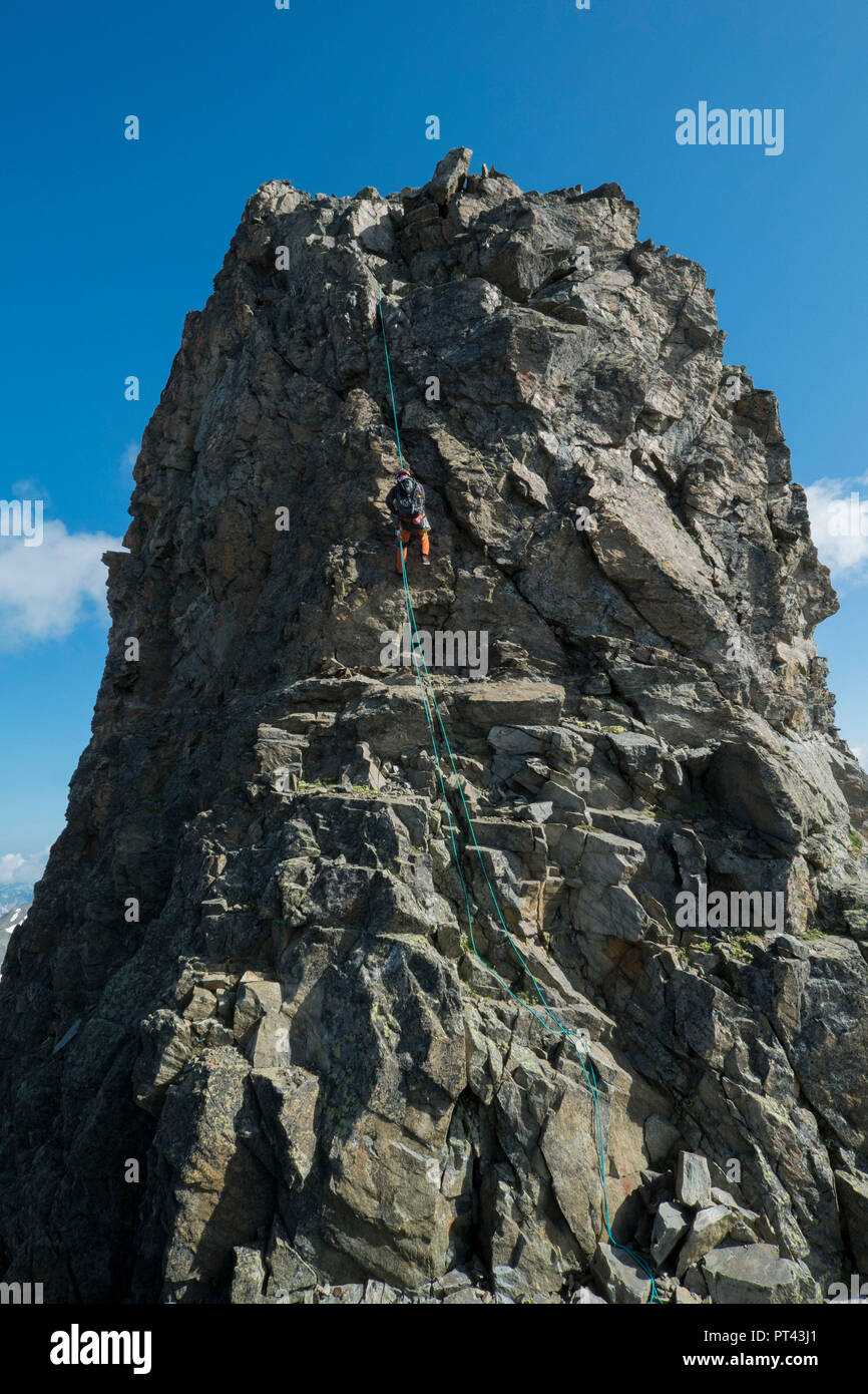 Climber at the north ridge of the Seeköpfe, Verwall, Tirol, Austria Stock Photo