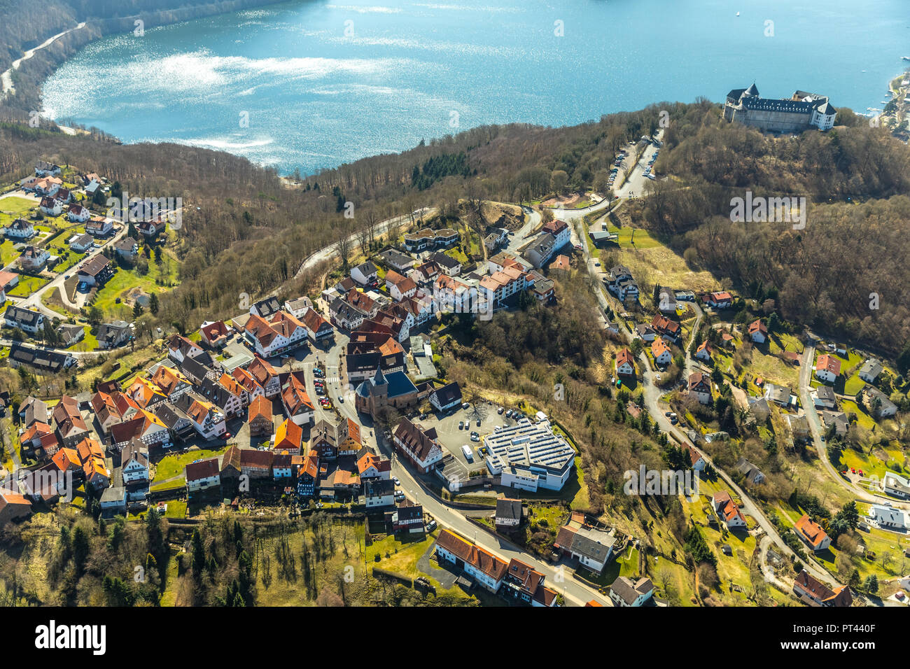 Waldeck with castle-like built castle complex Waldeck castle, Edersee in the background, Waldeck, Waldeck at the Eder, Hesse, Germany Stock Photo