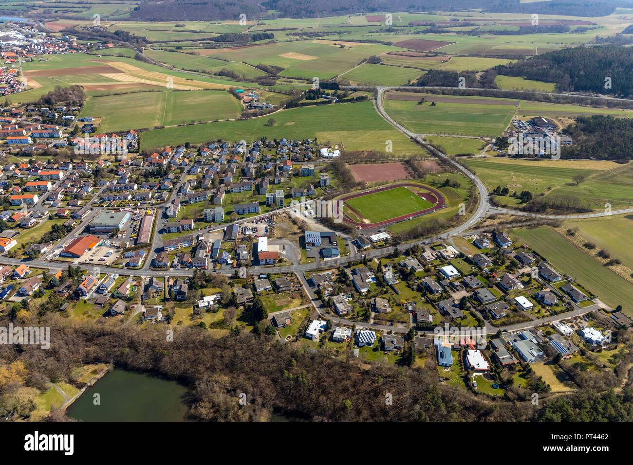 Sports stadium on the Odershäuser road, football field, sports field in Bad Wildungen, health resort center and historic spa in the district of Waldeck-Frankenberg, Northern Hesse, Hesse, Germany Stock Photo