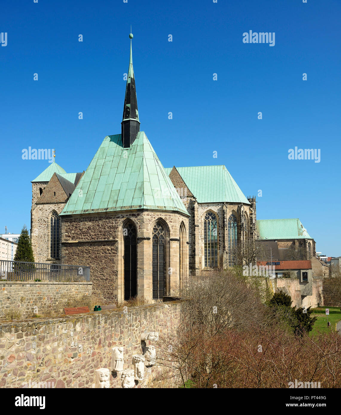 Germany, Saxony-Anhalt, Magdeburg, Gothic architecture, Magdalenenkapelle, Petrikirche and Wallonerkirche near the city wall Stock Photo