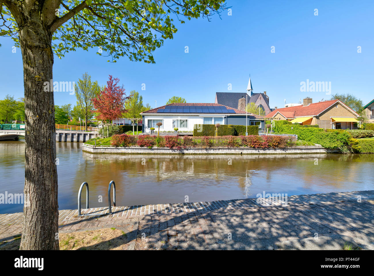 Idyll at Franekertrekvaart, canals, canal, spring, Harlingen, Friesland, Netherlands, Europe, Stock Photo