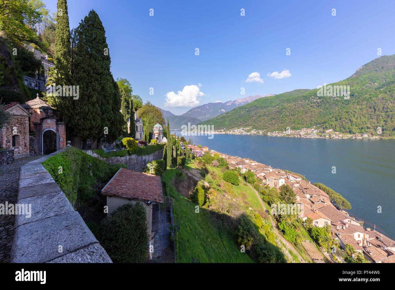 Balcony on the rooftops of Morcote and Lake Ceresio, Morcote, Canton Ticino, Switzerland, Stock Photo