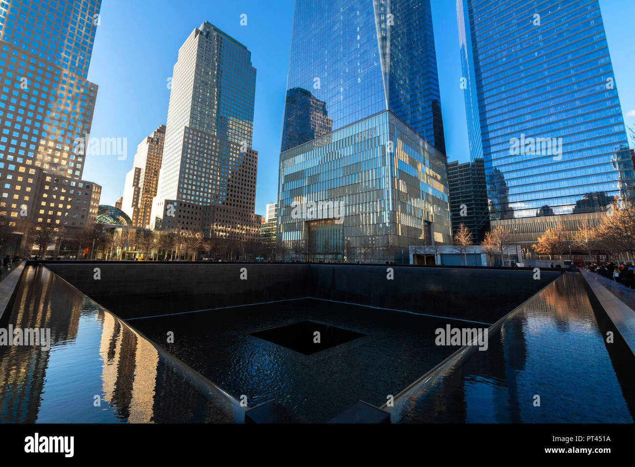 North Pool memorial fountain, Ground Zero, One World Trade Center, Lower Manhattan, New York City, USA Stock Photo