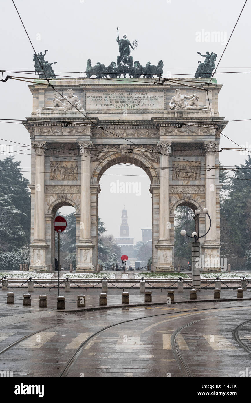 Arch of Peace and Sempione Park under a snowfall, Milan, Lombardy, Italy, Europe, Stock Photo
