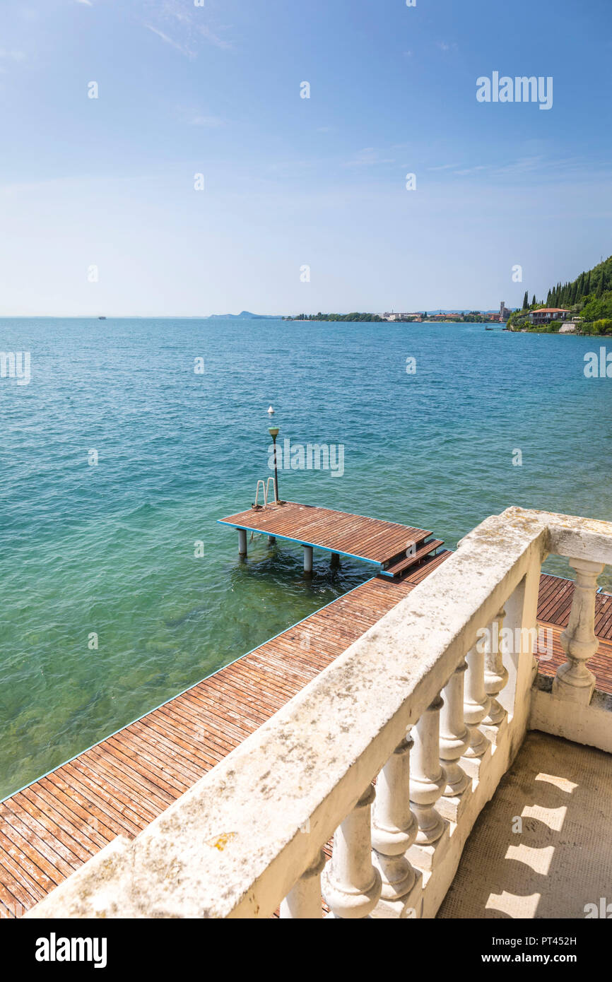 sunny day on Garda Lake, view from a balcony, Toscolano Maderno, Brescia district, Lombardia, Italy Stock Photo