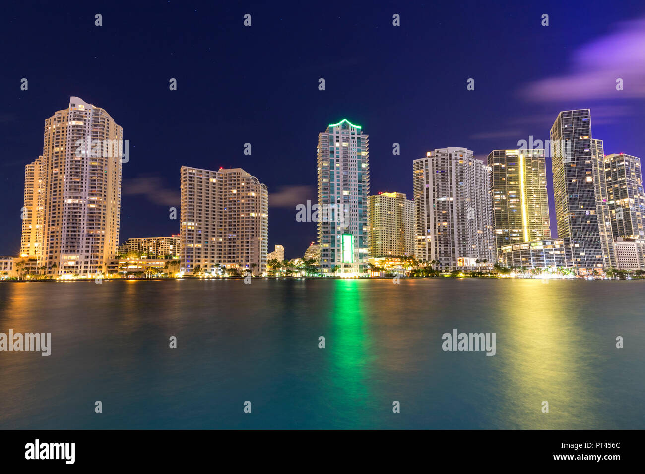 Night skyline of Downtown Miami from Brickell Key, Miami, Florida, USA, North America Stock Photo
