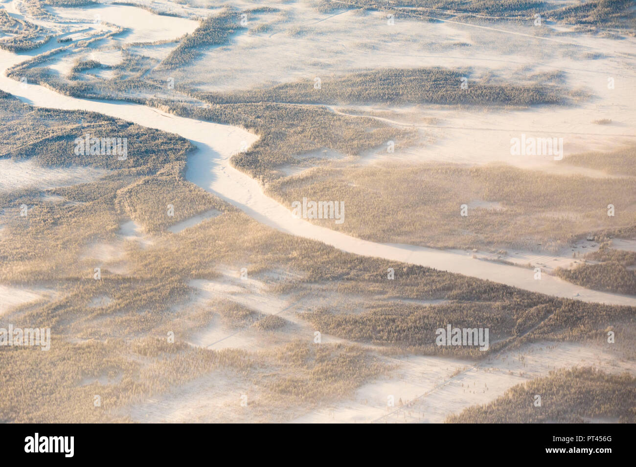 Aerial view of forest in the frozen landscape, Levi, Kittila, Lapland, Finland Stock Photo