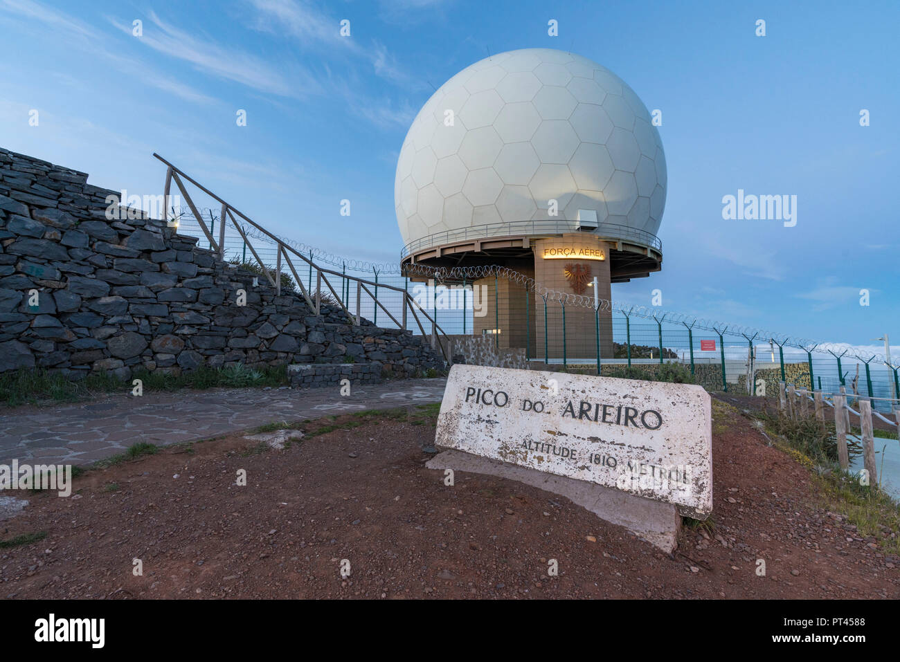 Observatory and signpost on the summit of Pico do Arieiro, Funchal, Madeira region, Portugal, Stock Photo