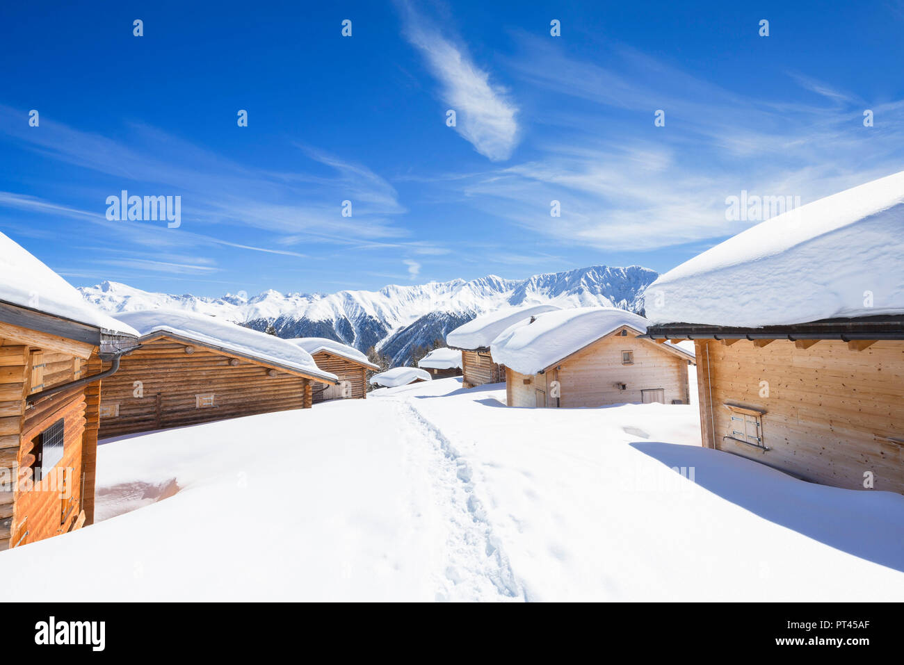 Typical alpine huts after a heavy snowfall, Wiesner Alp, Davos Wiesen, Landwasser Valley, Albula Valley, District of Prattigau / Davos, Canton of Graubünden, Switzerland, Europe, Stock Photo