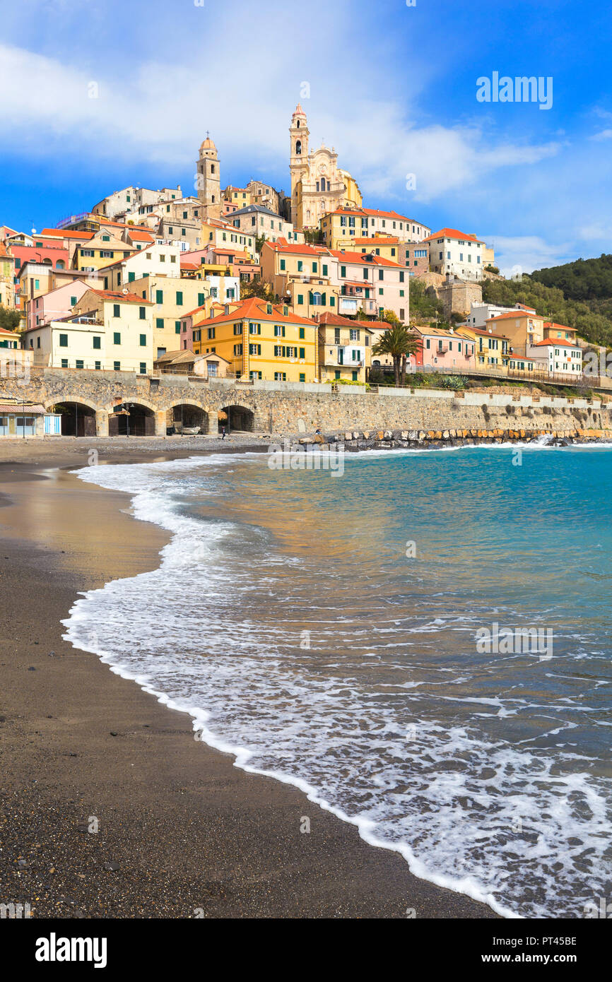 Waves break on the beach of Cervo village, Cervo, Imperia province, Liguria, Italy, Europe, Stock Photo