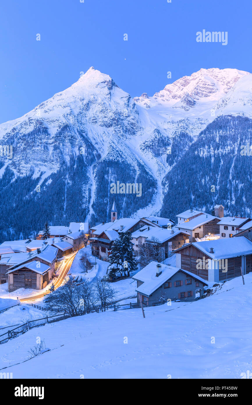 Dusk at the village of Latsch with Piz Ela in the background, Bergun, Albula Valley, District of Prattigau / Davos, Canton of Graubünden, Switzerland, Europe, Stock Photo