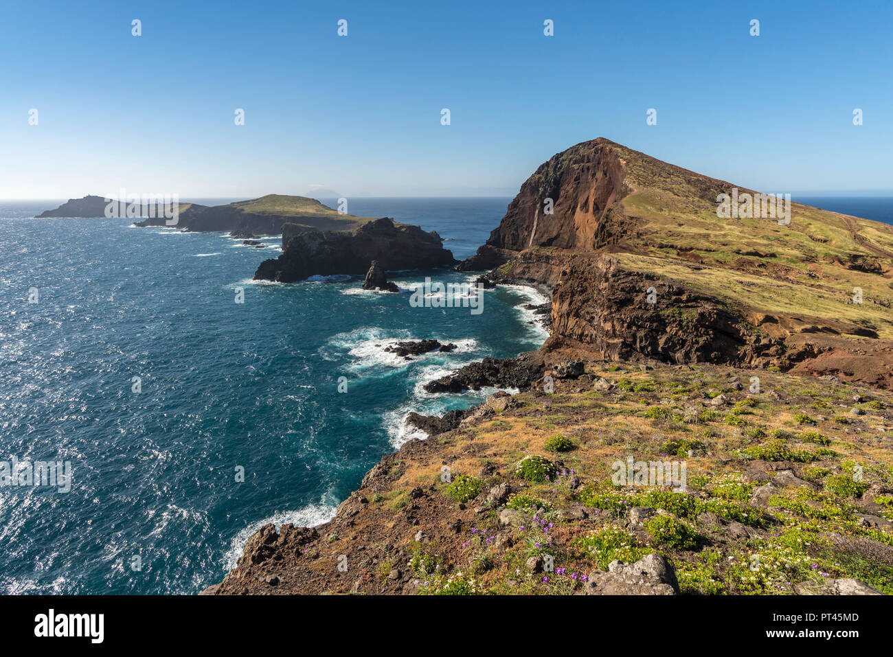 Furado Point and Cevada and Farol islets from Point of St Lawrence, Canical, Machico district, Madeira region, Portugal, Stock Photo