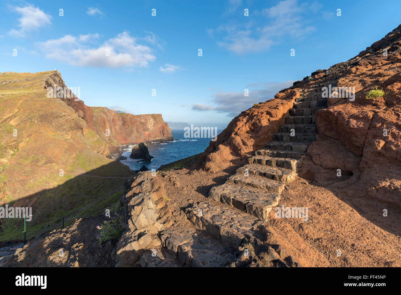 Steps on the trail to Point of Saint Lawrence, Canical, Machico district, Madeira region, Portugal, Stock Photo
