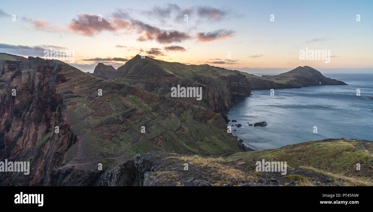 View of Point of St Lawrence and Furado Point at dawn, Canical, Machico district, Madeira region, Portugal, Stock Photo