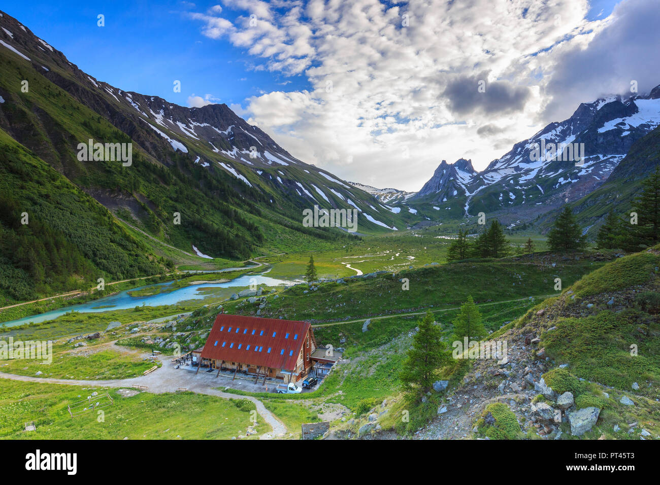 Sunset light on Cabane du Combal, Cabane du Combal, Combal Lake, Veny
