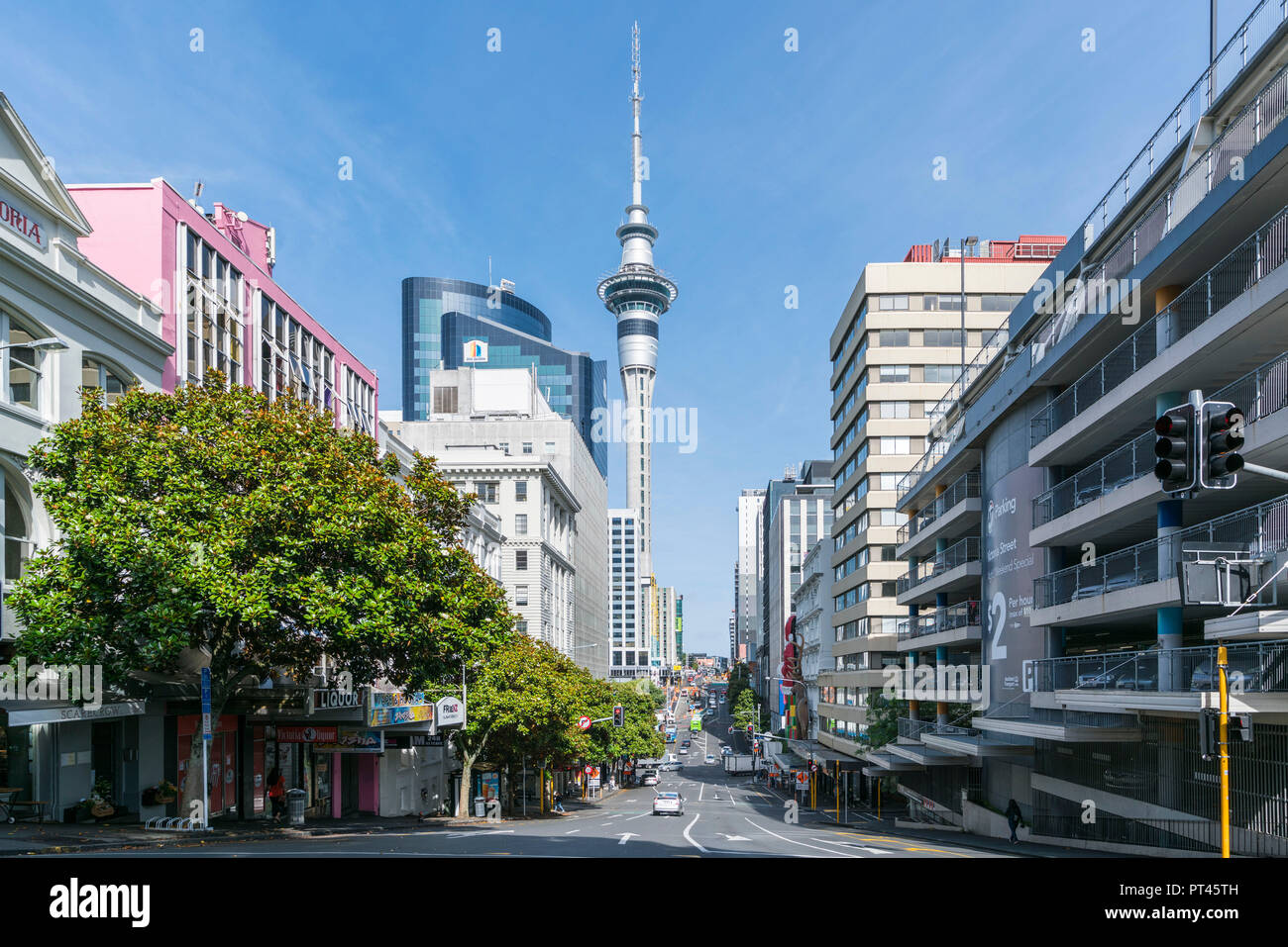 Victoria Street and Sky Tower in Auckland CBD, Auckland City, Auckland region, North Island, New Zealand, Stock Photo