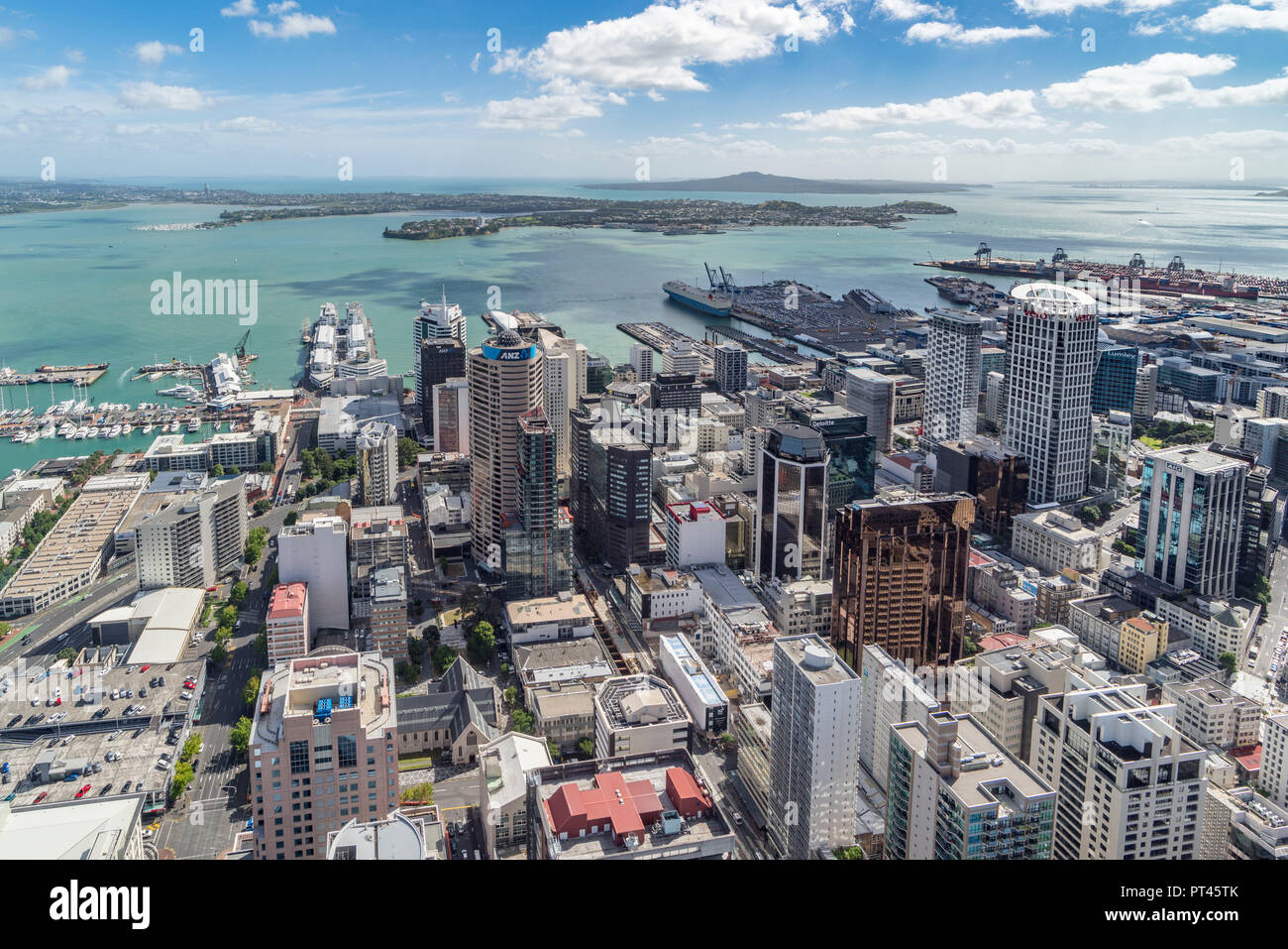 View of the city harbour and Devonport from Sky Tower, Auckland City, Auckland region, North Island, New Zealand, Stock Photo