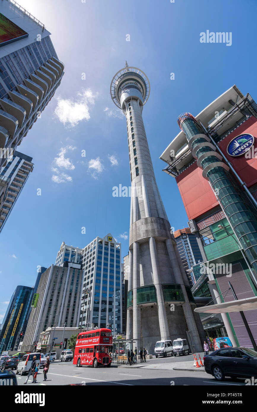 View of Sky Tower and Sky City buildings from the street, Auckland City, Auckland region, North Island, New Zealand, Stock Photo