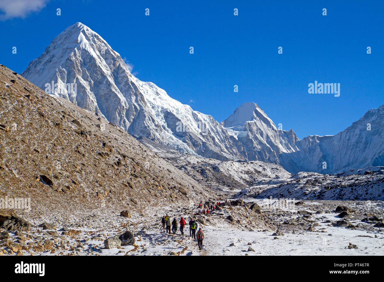 Trekkers heading through the Khumbu Valley towards Everest Base Camp, with Pumori rising ahead Stock Photo