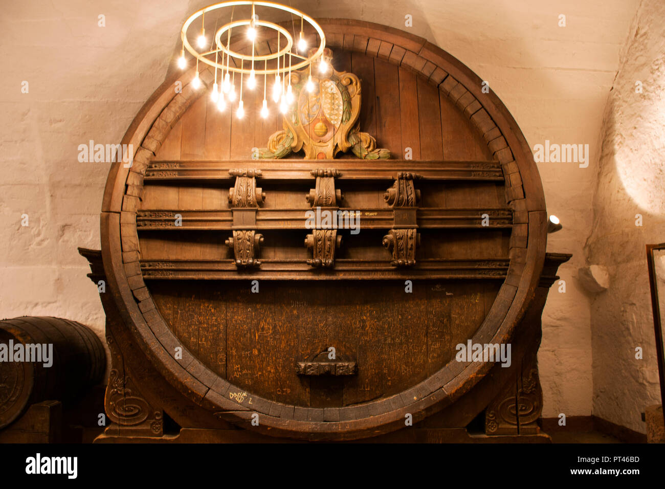 Large oak wooden beer fermentation tank inside Basement of Heidelberg