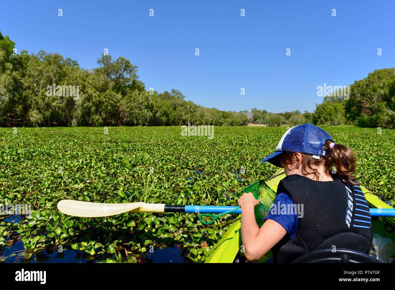Children paddling in a canoe in beautiful weather, Ross River QLD