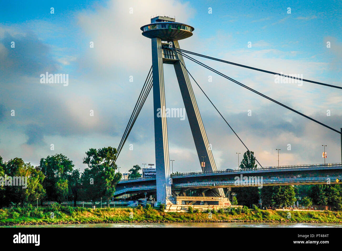 The UFO observatory deck atop of the Most SNP bridge over the Danube in Bratislava, Slovakia Stock Photo