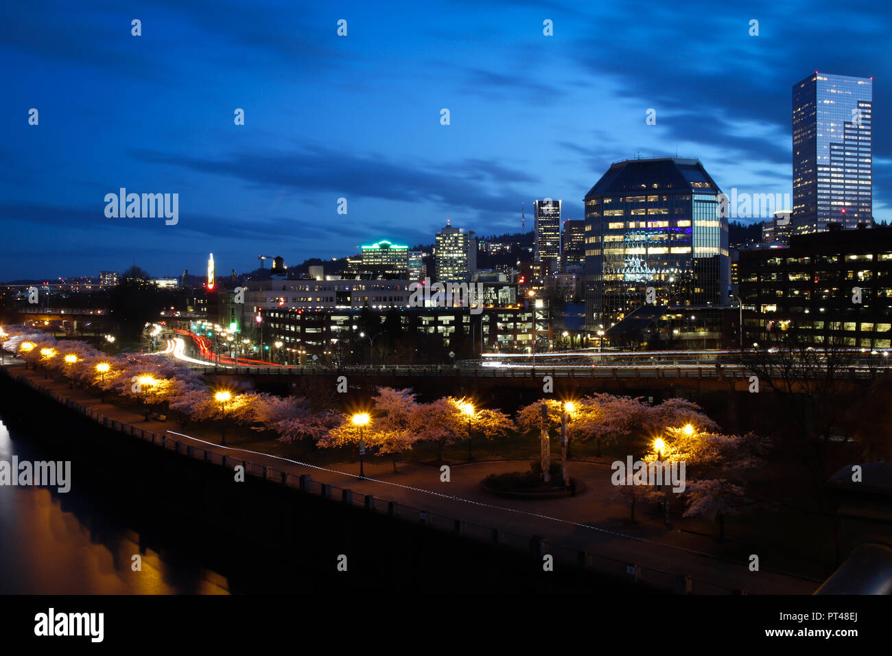 Portland Oregon waterfront skyline at night from Steel Bridge in Spring