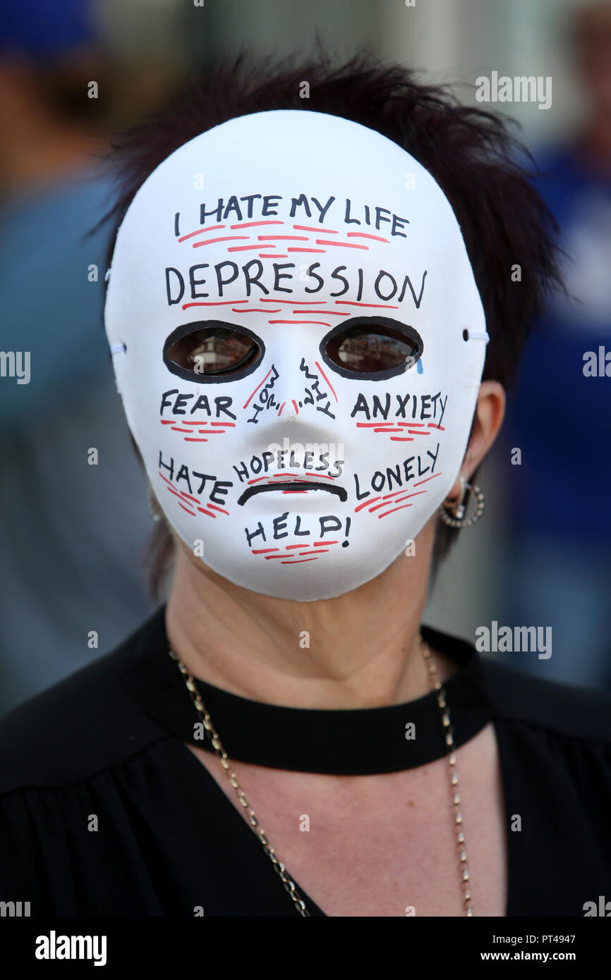 A group staging an awareness campaign in Bognor Regis highlighting depression and mental Health awareness. UK. Stock Photo