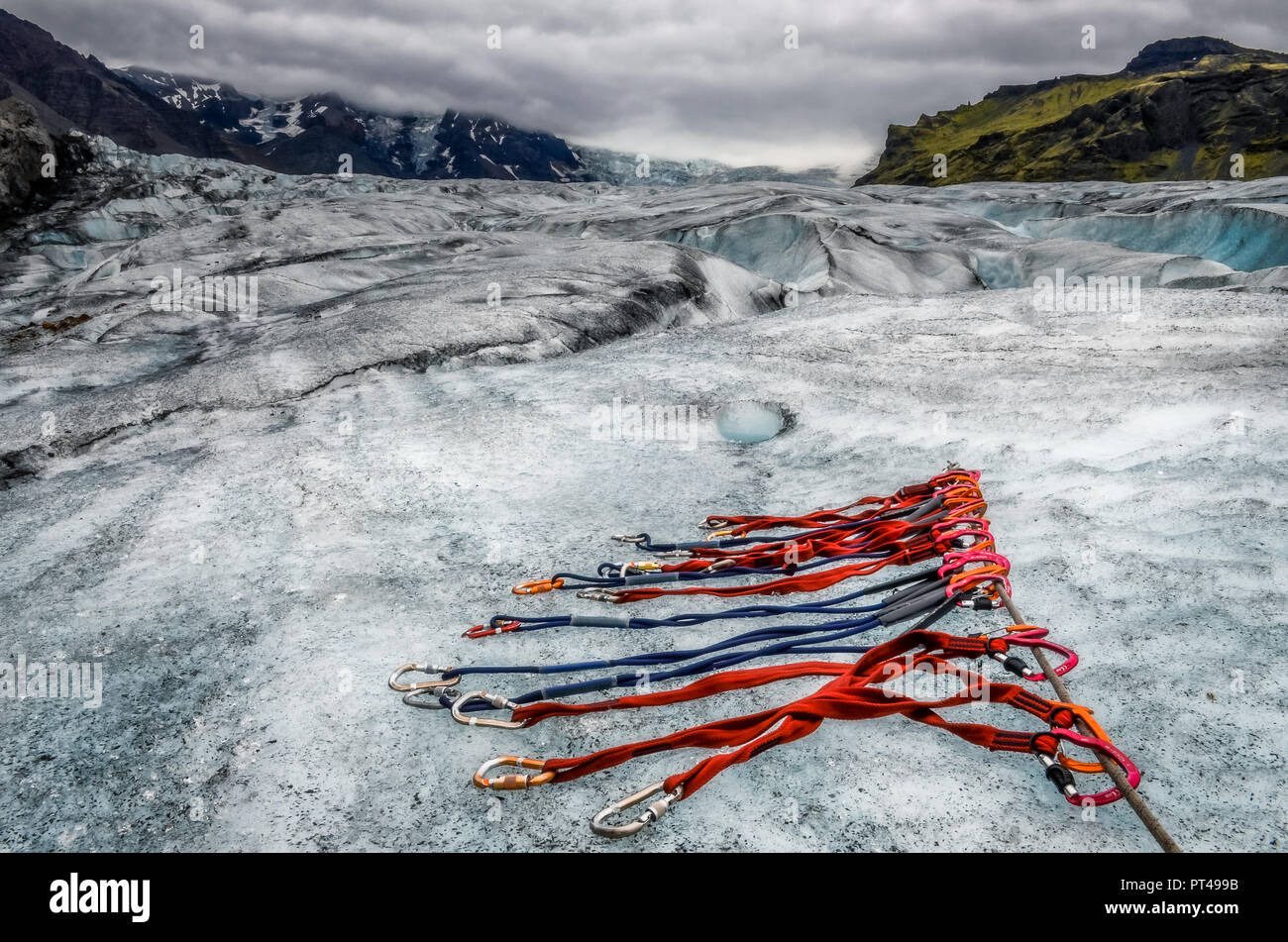 Landscape view of Vatnajokull glacier with detail of climbing ropes, Iceland, Europe Stock Photo