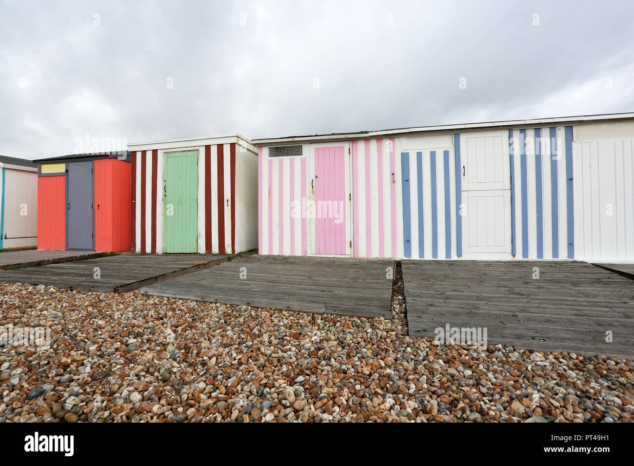 General views of Beach Huts on Bognor Regis seafront, West Sussex, UK