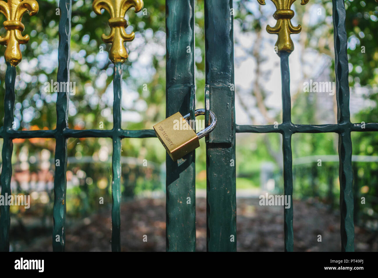 High quality padlock on steel gate Stock Photo