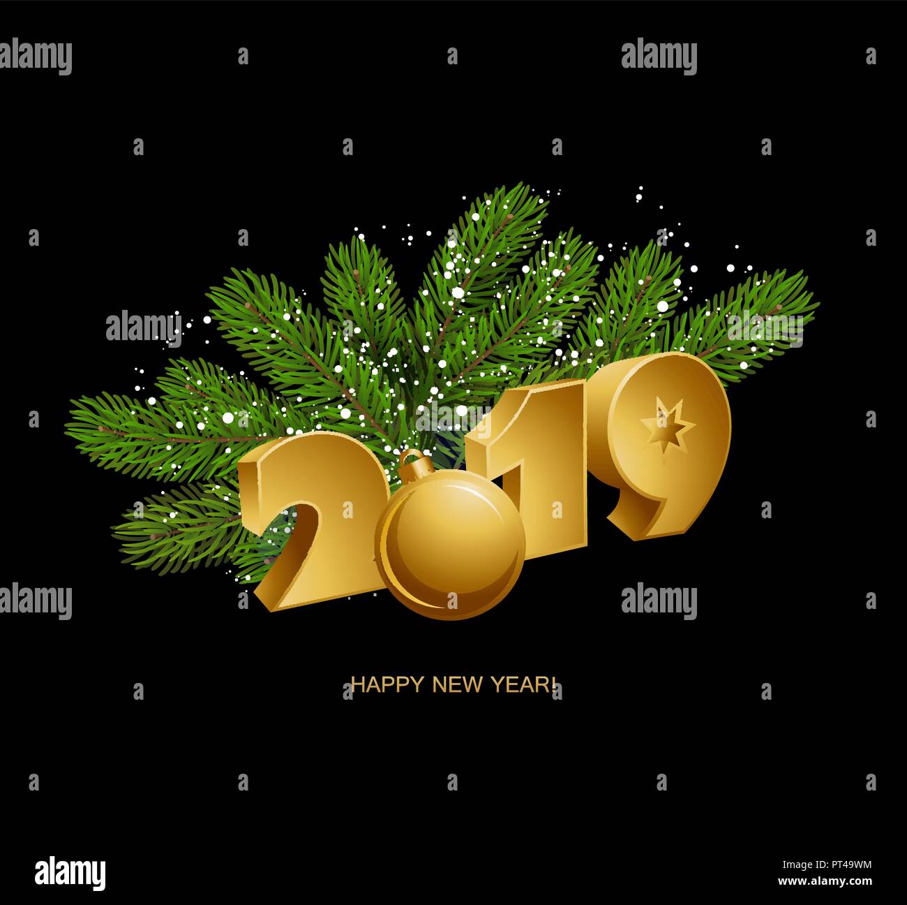 Vector Christmas Green Pine Branches and 2019 year. Stock Vector