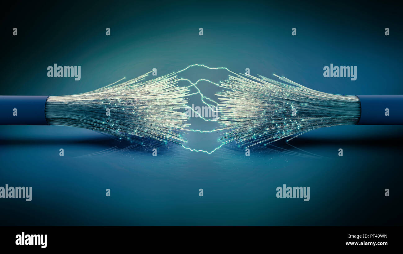 Optic fiber cable connection with electric arc, 3D rendering Stock Photo