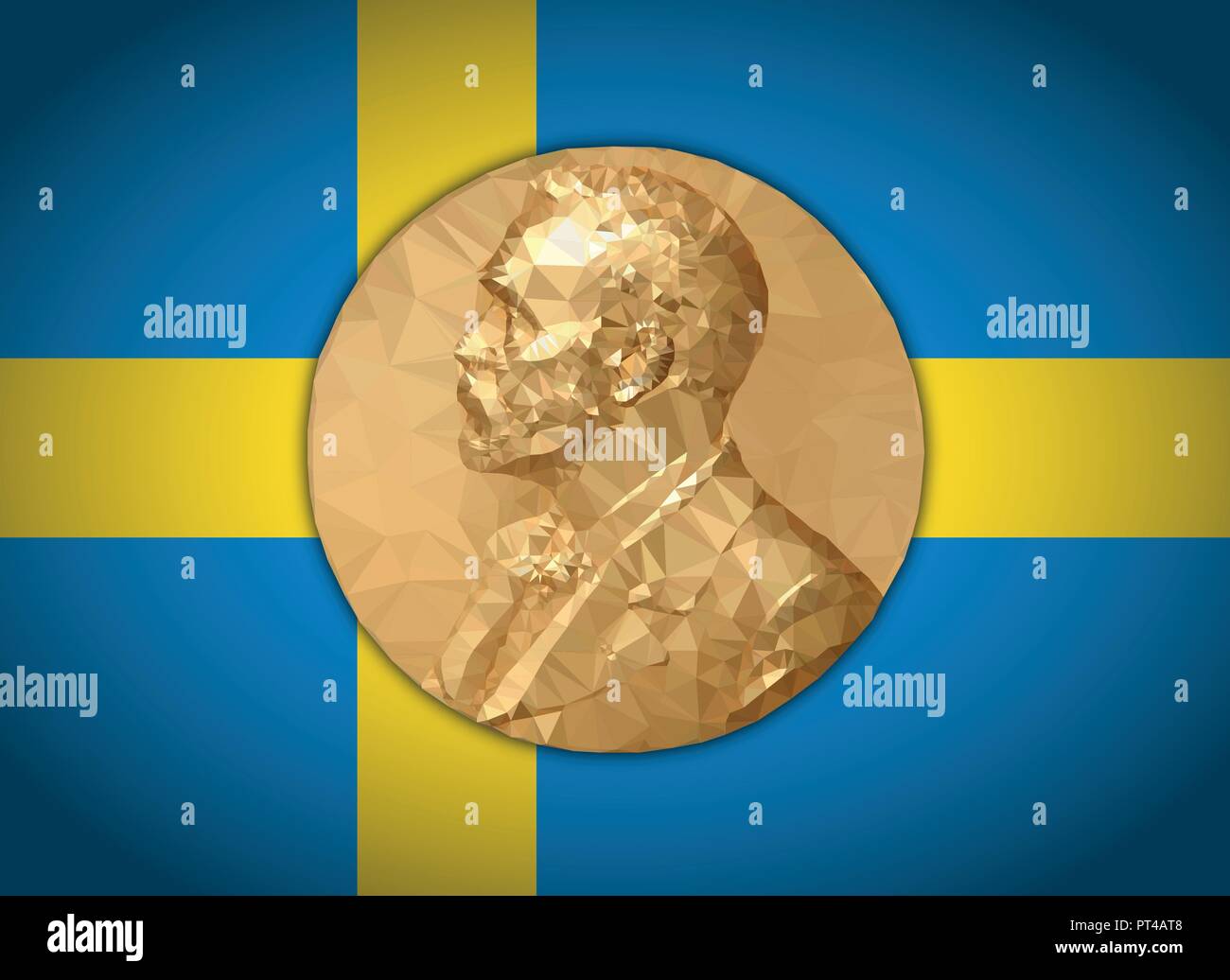 Gold Medal Nobel prize, graphics  elaboration to polygons with Swedish flag Stock Vector