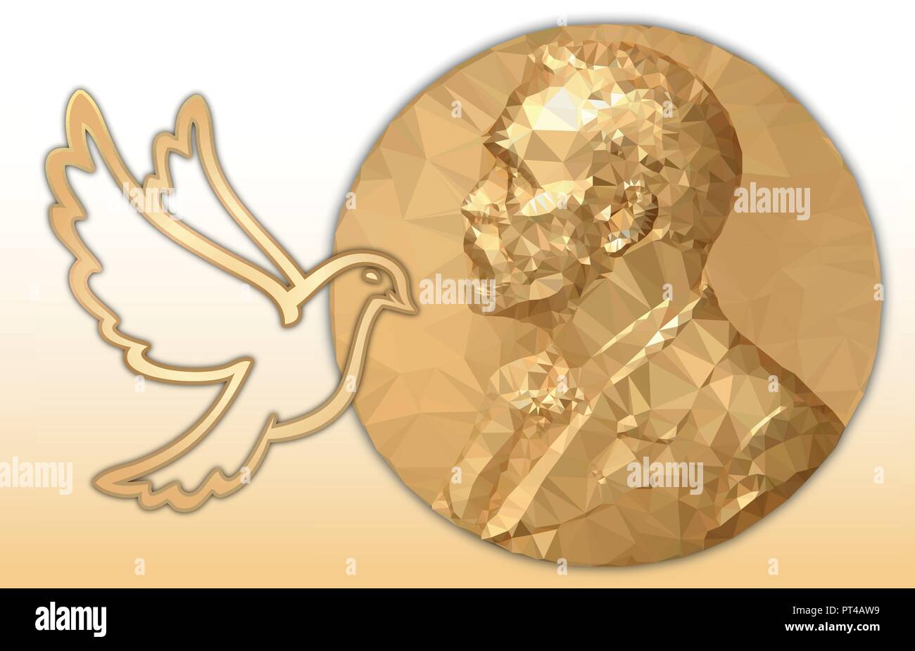 Nobel Peace award, gold polygonal medal and dove symbol Stock Vector