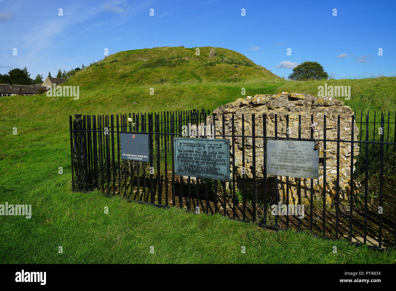 Plaques commemorating the birth of King Richard III and the execution of Mary Queen of Scots at Fotheringhay Castle Stock Photo