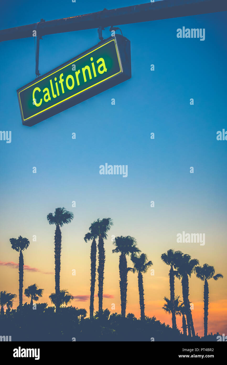 A California Street Sign Over Palm Trees At Sunset With Copy Space Stock Photo