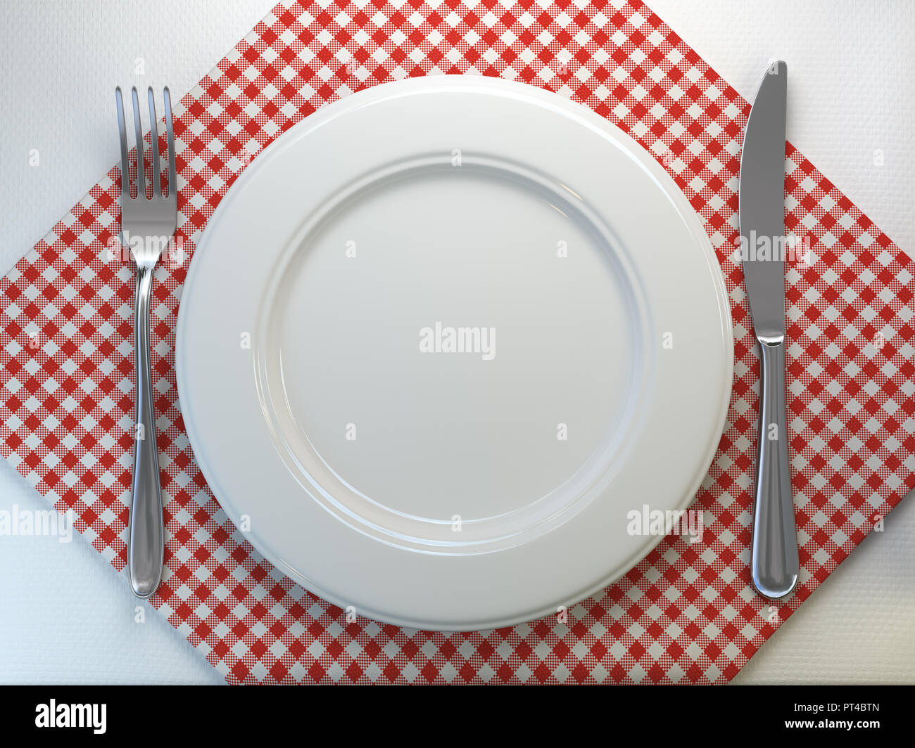 Top view of clean white plate with fork and knife on a tablecloth. 3d ...