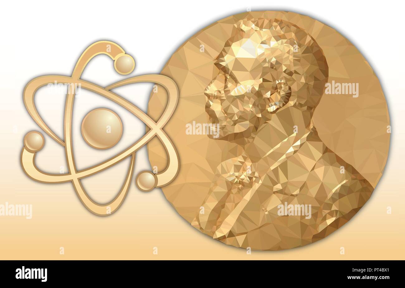 Nobel Physic award, gold polygonal medal and atomic symbol Stock Vector