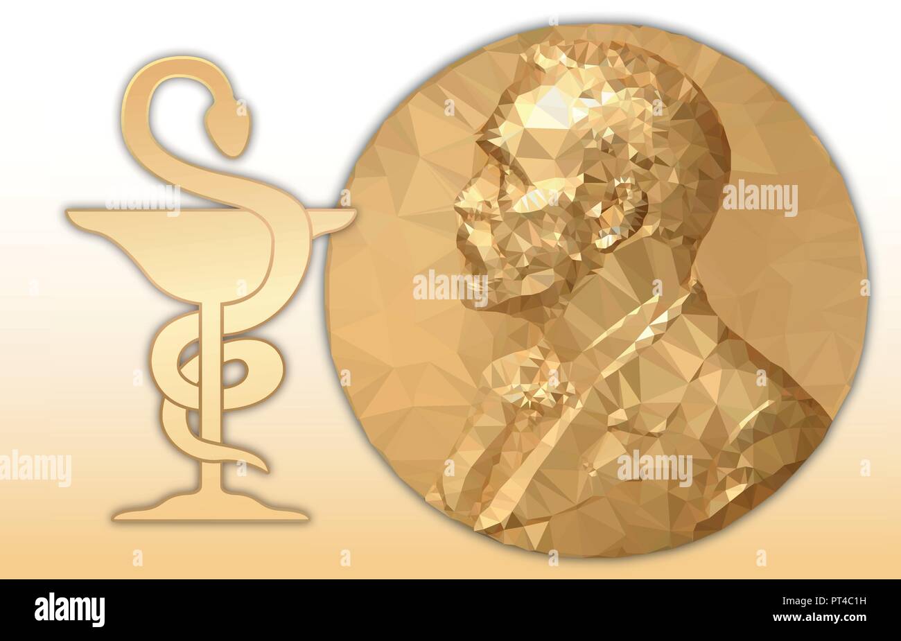 Nobel Chemistry award, gold polygonal medal and chemical symbol Stock Vector