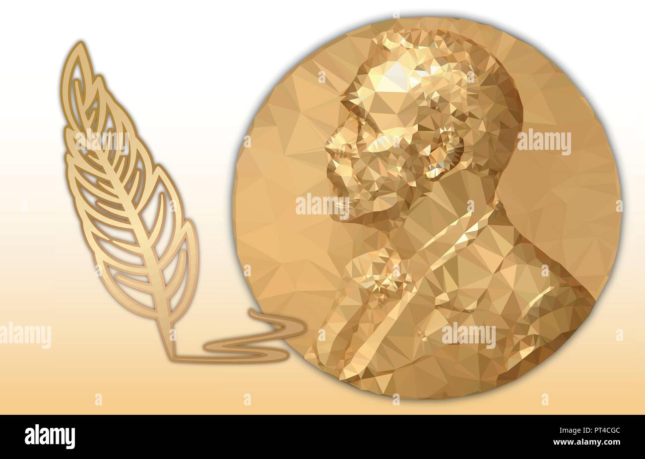 Nobel Literature award, gold polygonal medal and pencil symbol Stock Vector
