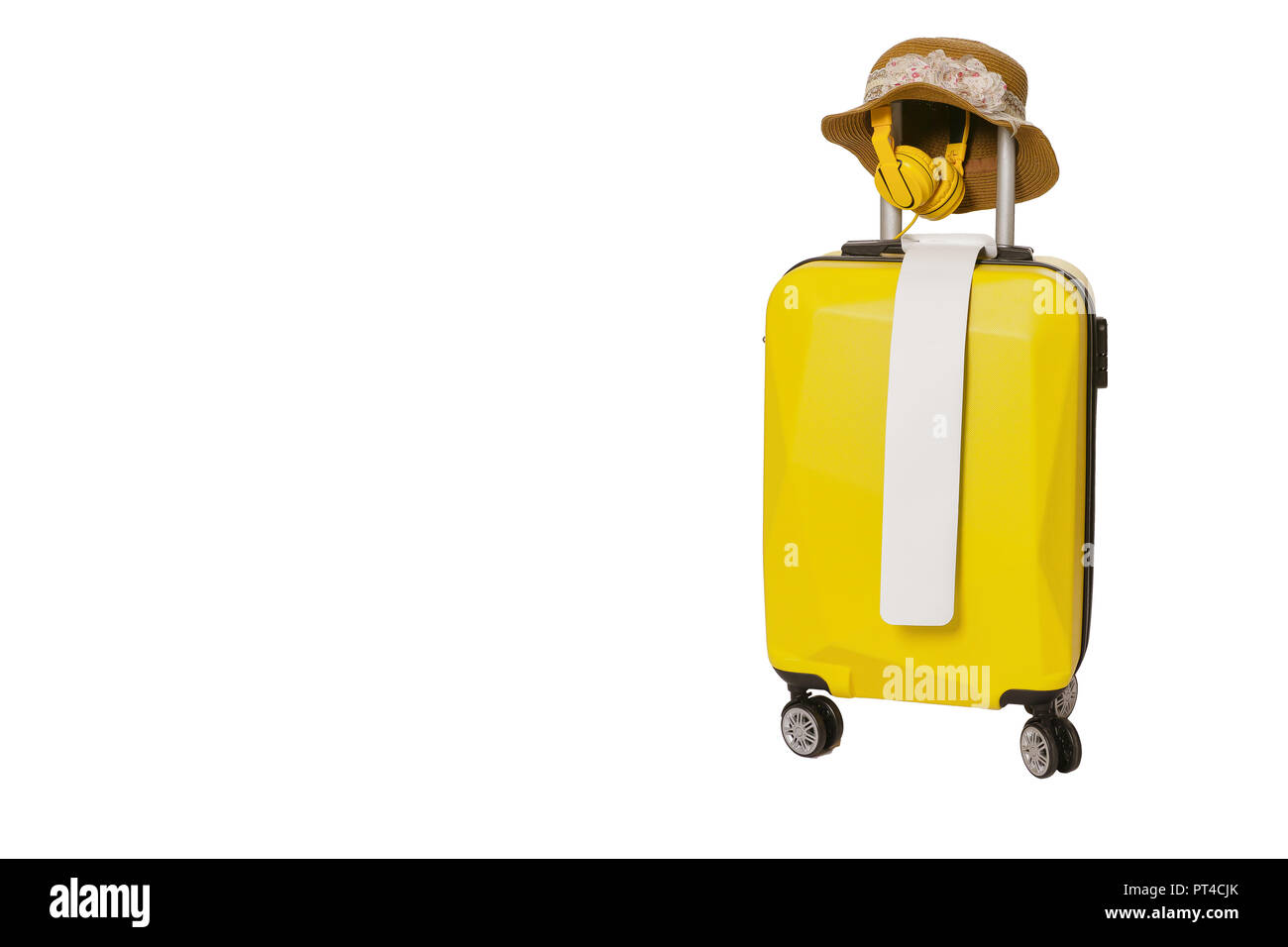 Yellow Suitcases bag with hat on white isolate background luggage set for copy space. minimal concept. with clipping path on luggage object Stock Photo