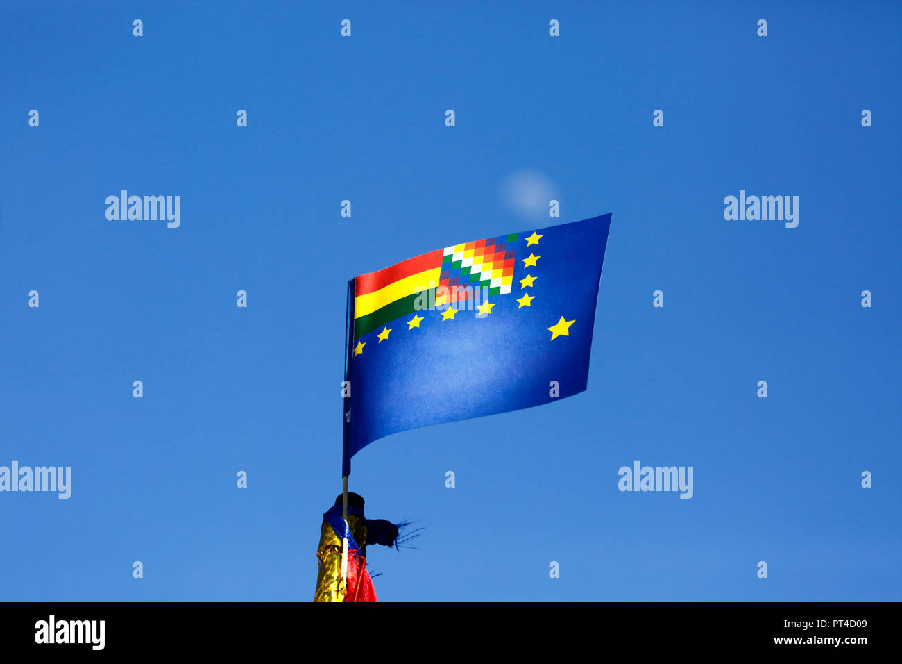 The Maritime Revindication flag / Bandera de la Reivindicacion Maritima against a blue sky, Bolivia. Stock Photo