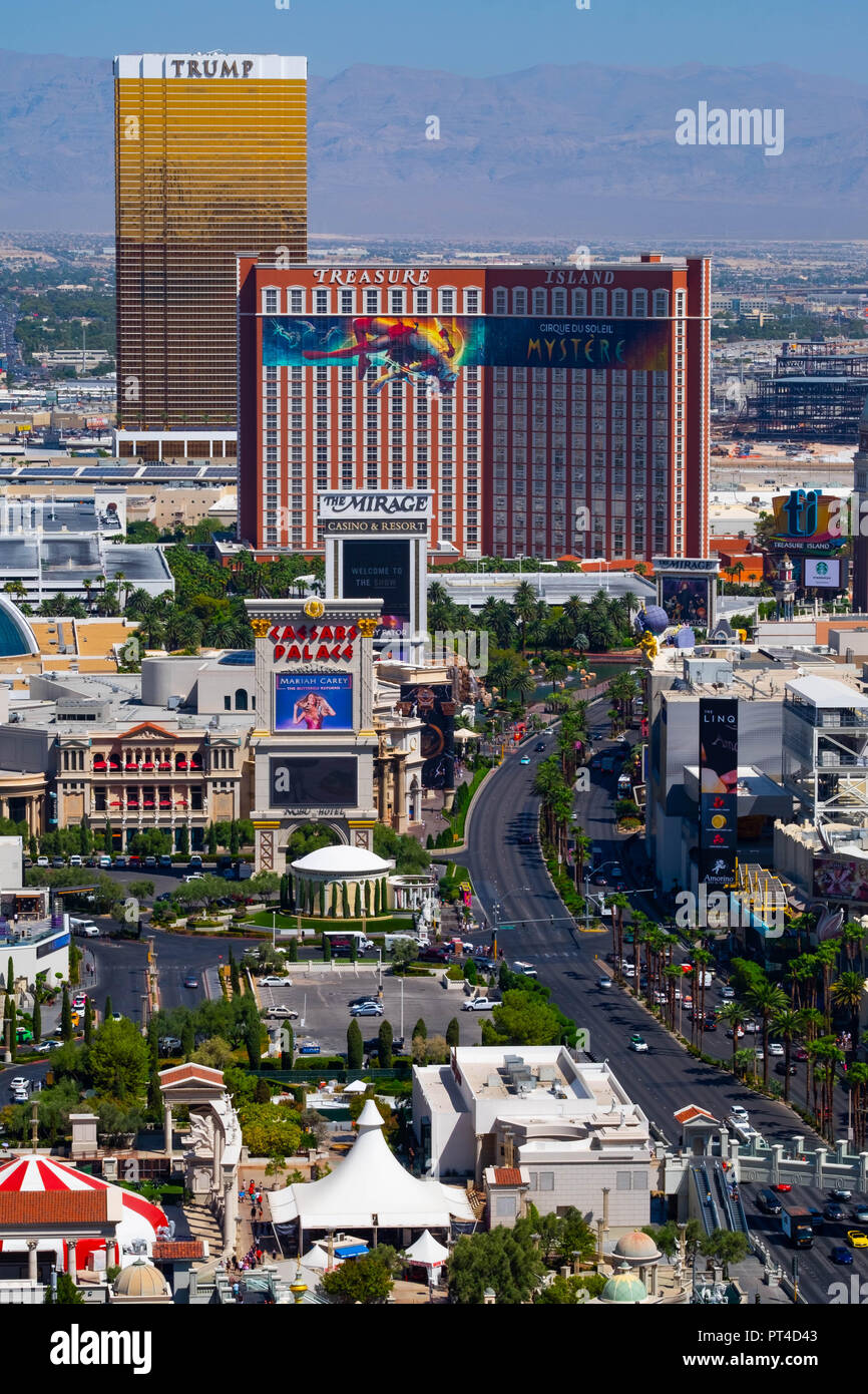 The Strip in Las Vegas with the hotels & casinos like Trump International Hotel, Treasure Island, The Mirage & Caesars Palace Stock Photo