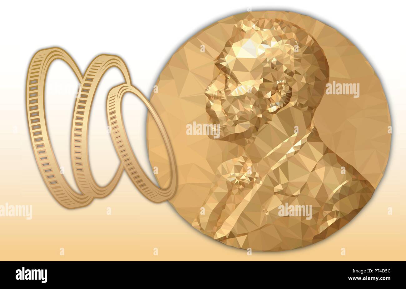 Nobel Economy award, gold polygonal medal and coins symbol, vector illustration Stock Vector