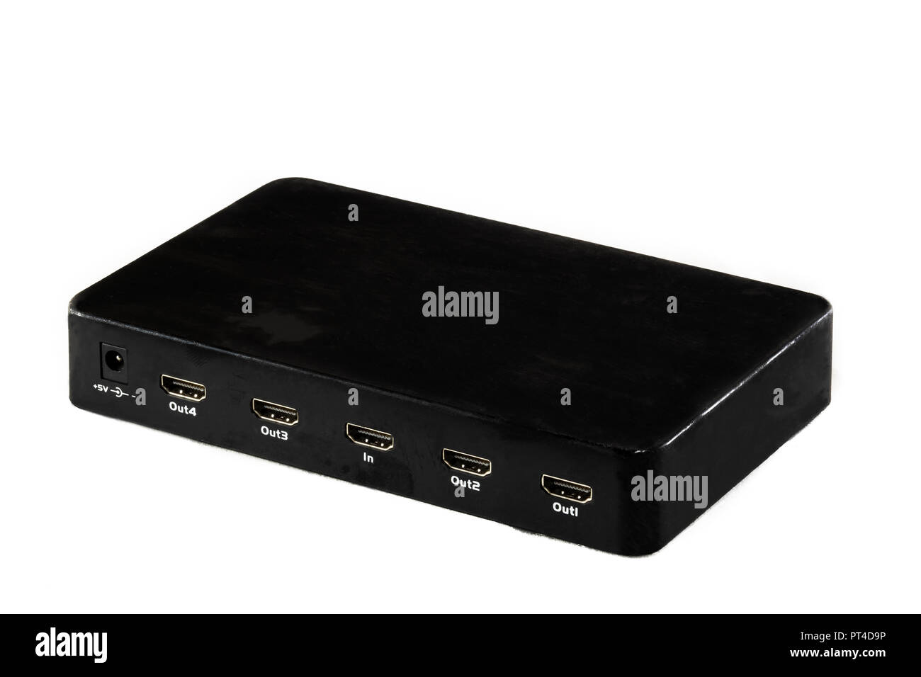 Black HDMI digital video four port splitter on white background with copyspace. Electronic equipment for multiple televisions connection. Stock Photo